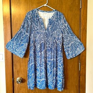 North Shore Blue and White A-line Leaf Print Dress